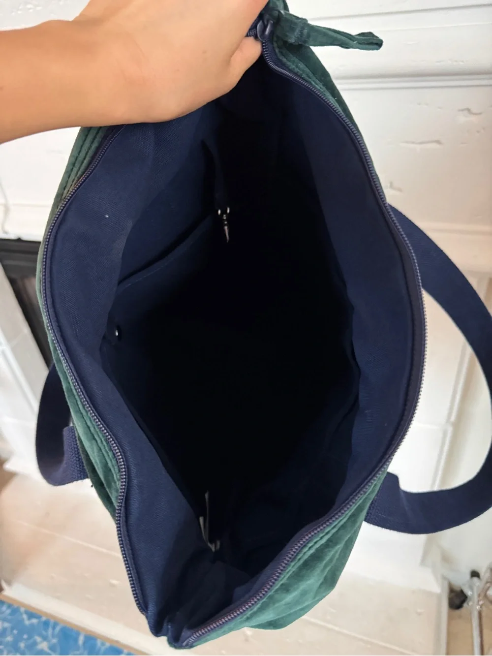 Lands' End Deep Balsam Velvet Medium Zippered Tote Bag with Navy Straps
